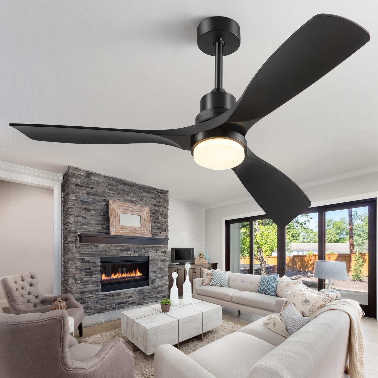 Ventilador de Techo con Luz y Mando a Distancia, Negro Ventiladores de Techo de 132 cm con Lámpara Luz Led con Motor DC, 3 Aspas, 6 Velocidades, Silencioso, Temporizador, para Exterior Dormitorio Saló