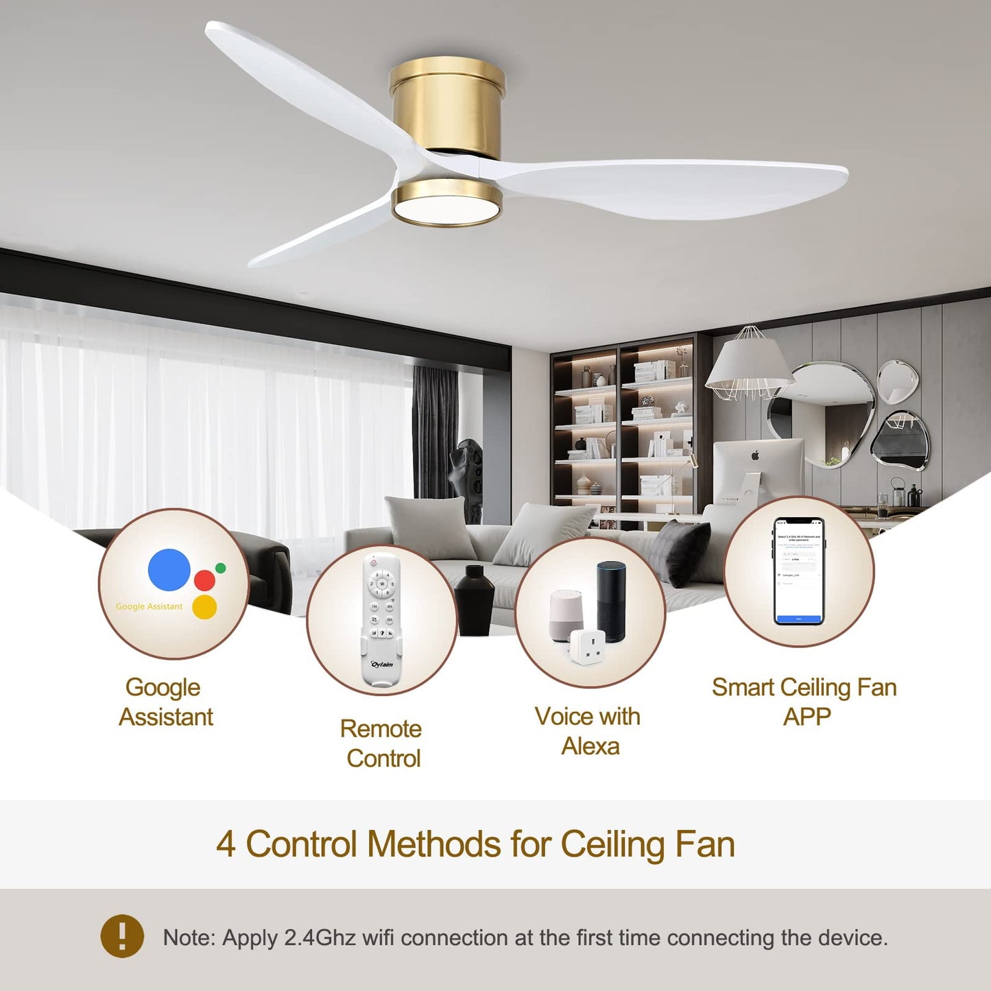 Ovlaim 132cm Smart Ventiladores de Techo de Madera Maciza con Control Remoto de Luces, Ventilador de Techo de 3 Palas Blanco Oro Moderno de Bajo Perfil y Montaje Empotrado