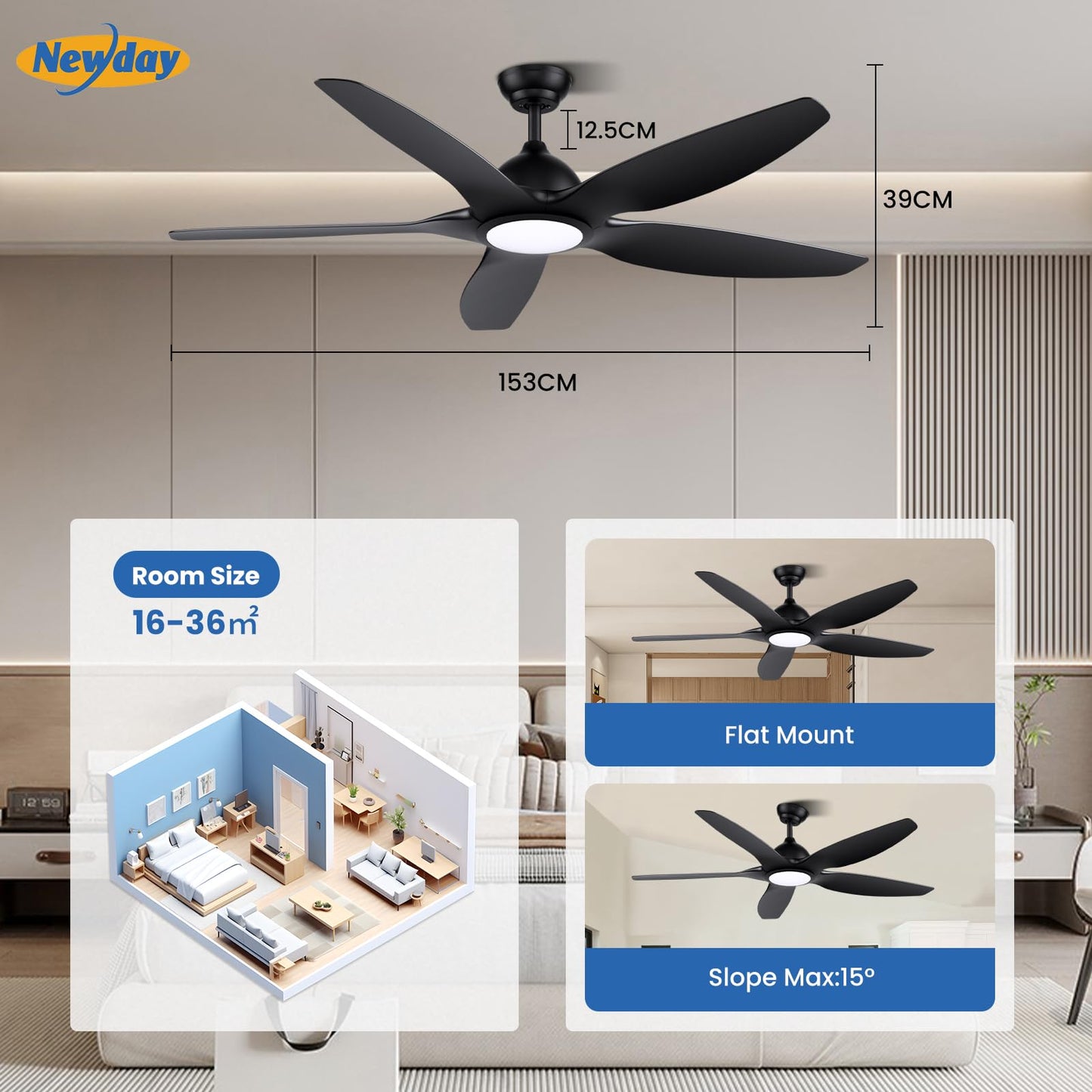 Newday 153cm Ventilador de Techo Negro Con Luz y Mando, 5 Aspas Grande, Motor DC Silencioso, Iluminación Dimmer, 6 Velocidades, 3 Temporizador Para Sala de Estar Salon Dormitorio