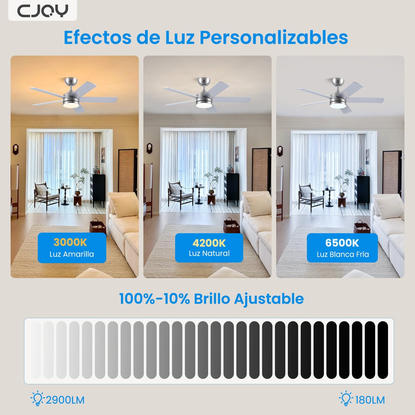 CJOY Ventilador de Techo con Luz, 107cm Ventilador de Techo Silencioso con Mando a Distancia, 6 Velocidades, 3 CCT Regulable, Reversibles CC, Temporizador, Madera/Plata 5 Aspas, Función Memoria