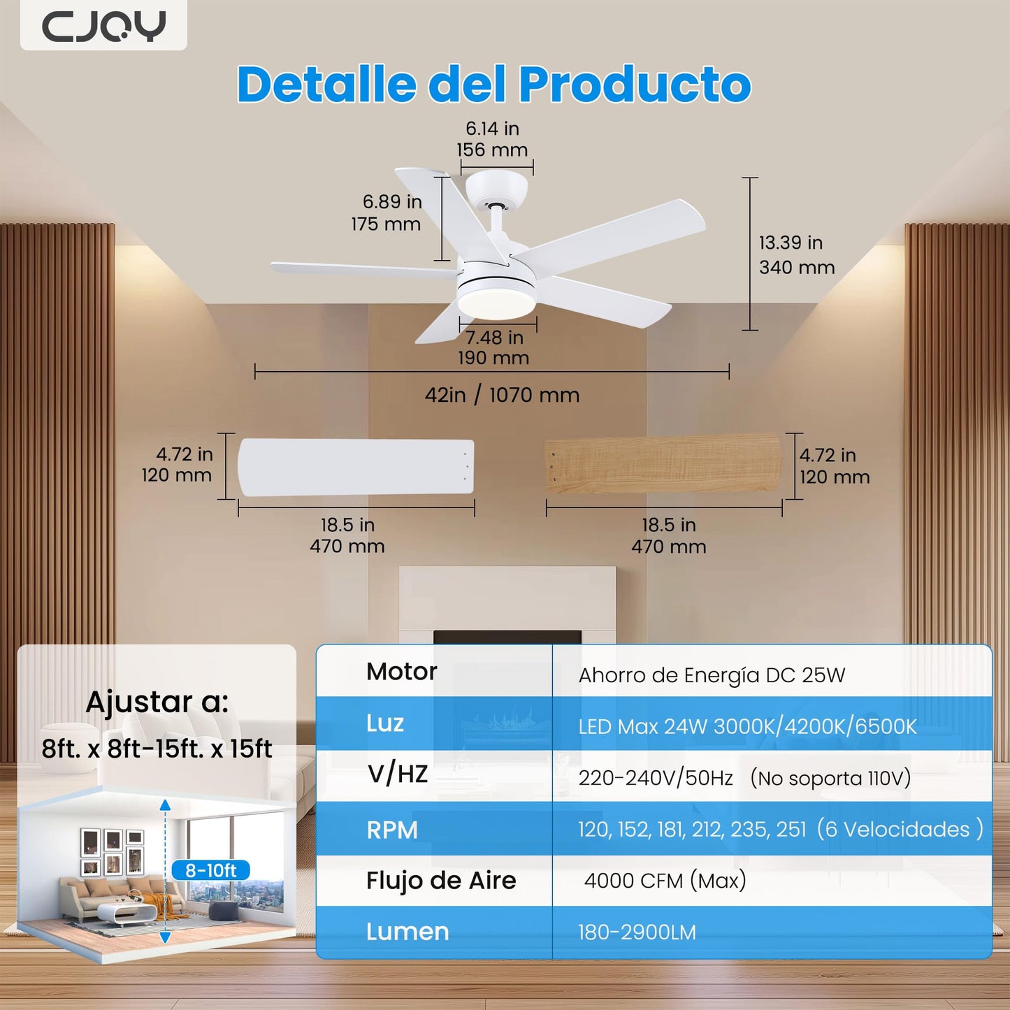 CJOY Ventilador de Techo con Luz, 107cm Ventilador de Techo Silencioso con Mando a Distancia, 6 Velocidades, 3 CCT Regulable, Reversibles CC, Temporizador, Blanco/Madera 5 Aspas, Memoria Función
