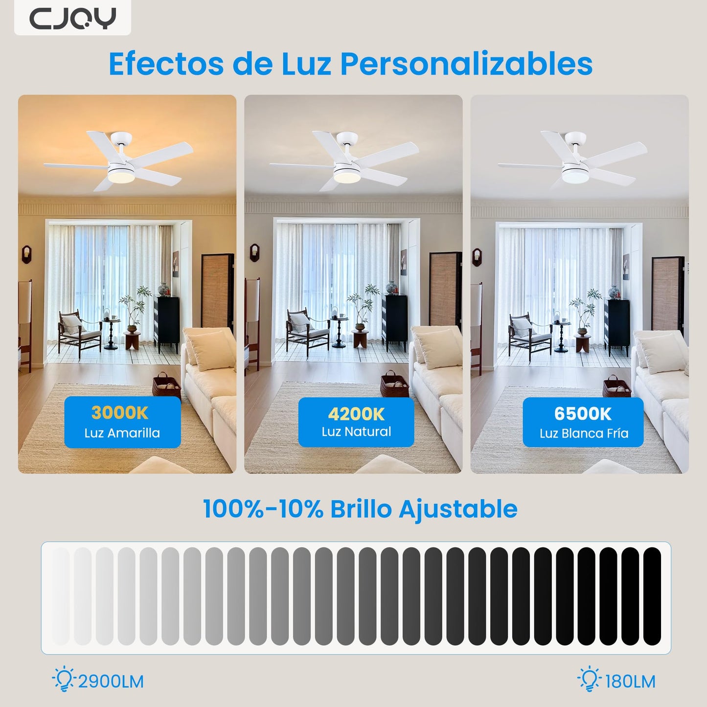 CJOY Ventilador de Techo con Luz, 107cm Ventilador de Techo Silencioso con Mando a Distancia, 6 Velocidades, 3 CCT Regulable, Reversibles CC, Temporizador, Blanco/Madera 5 Aspas, Memoria Función
