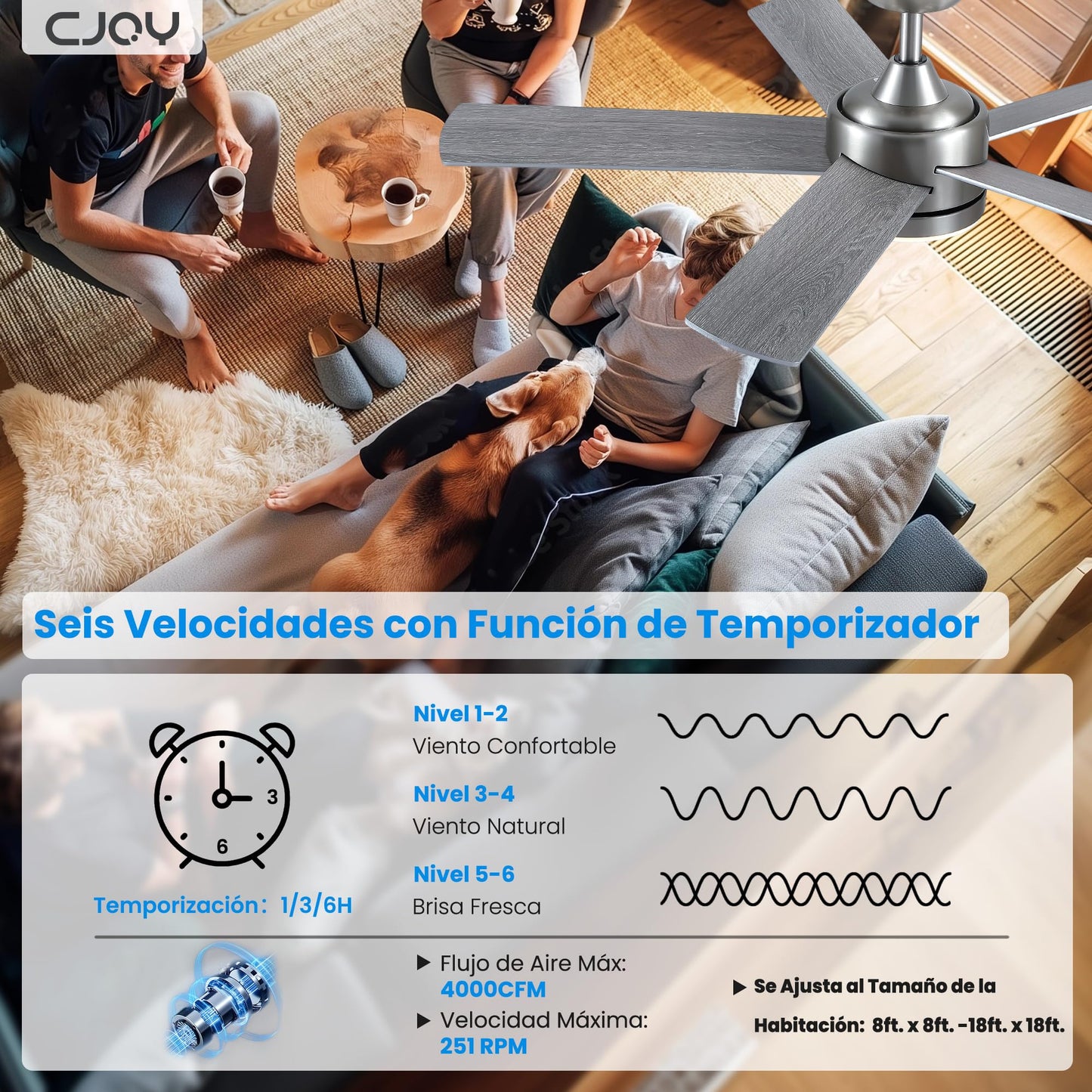CJOY Ventilador de Techo con Luz, 107cm Ventilador de Techo Silencioso con Mando a Distancia, 6 Velocidades, 3 CCT Regulable, Reversibles CC, Temporizador, Madera/Plata 5 Aspas, Función Memoria