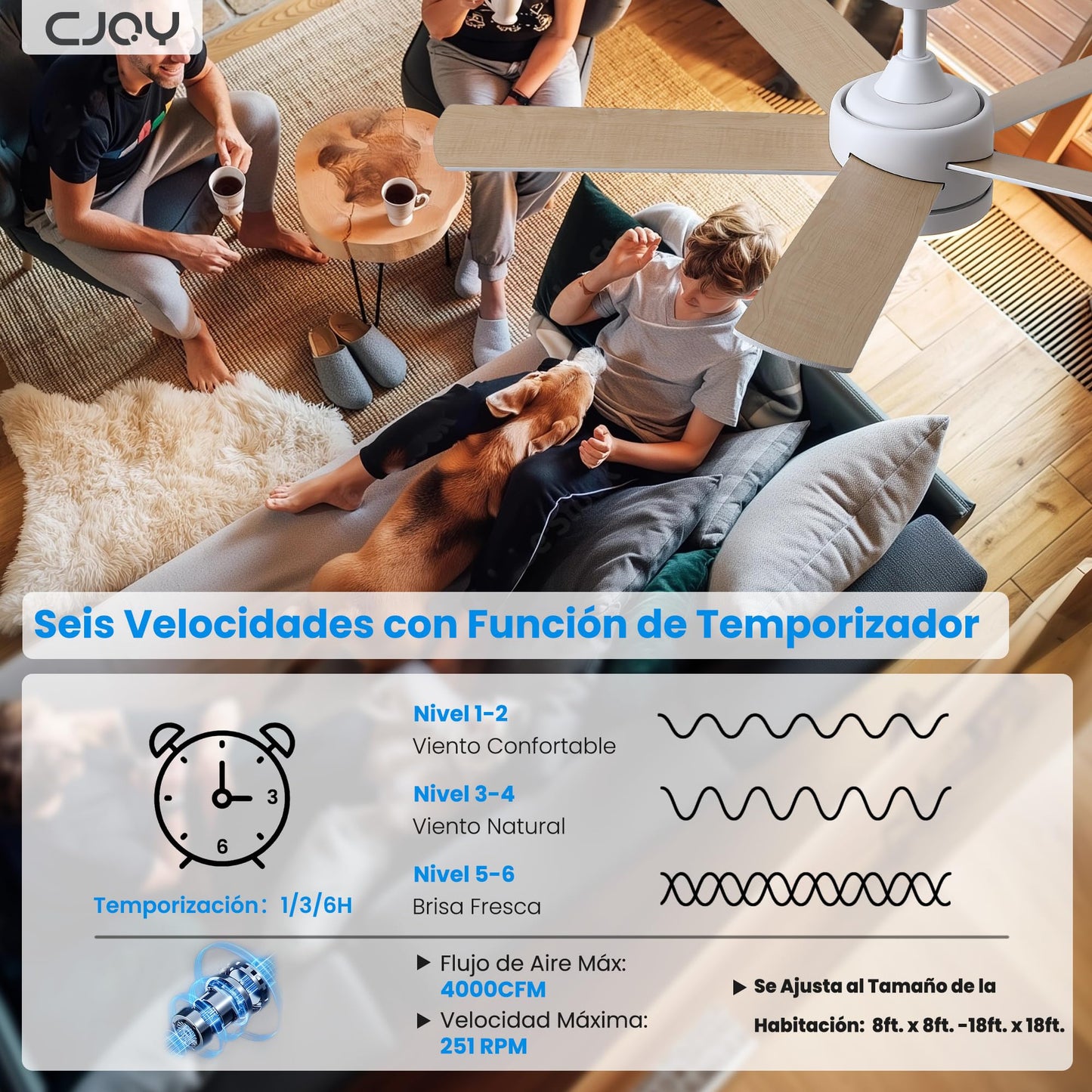 CJOY Ventilador de Techo con Luz, 107cm Ventilador de Techo Silencioso con Mando a Distancia, 6 Velocidades, 3 CCT Regulable, Reversibles CC, Temporizador, Blanco/Madera 5 Aspas, Memoria Función