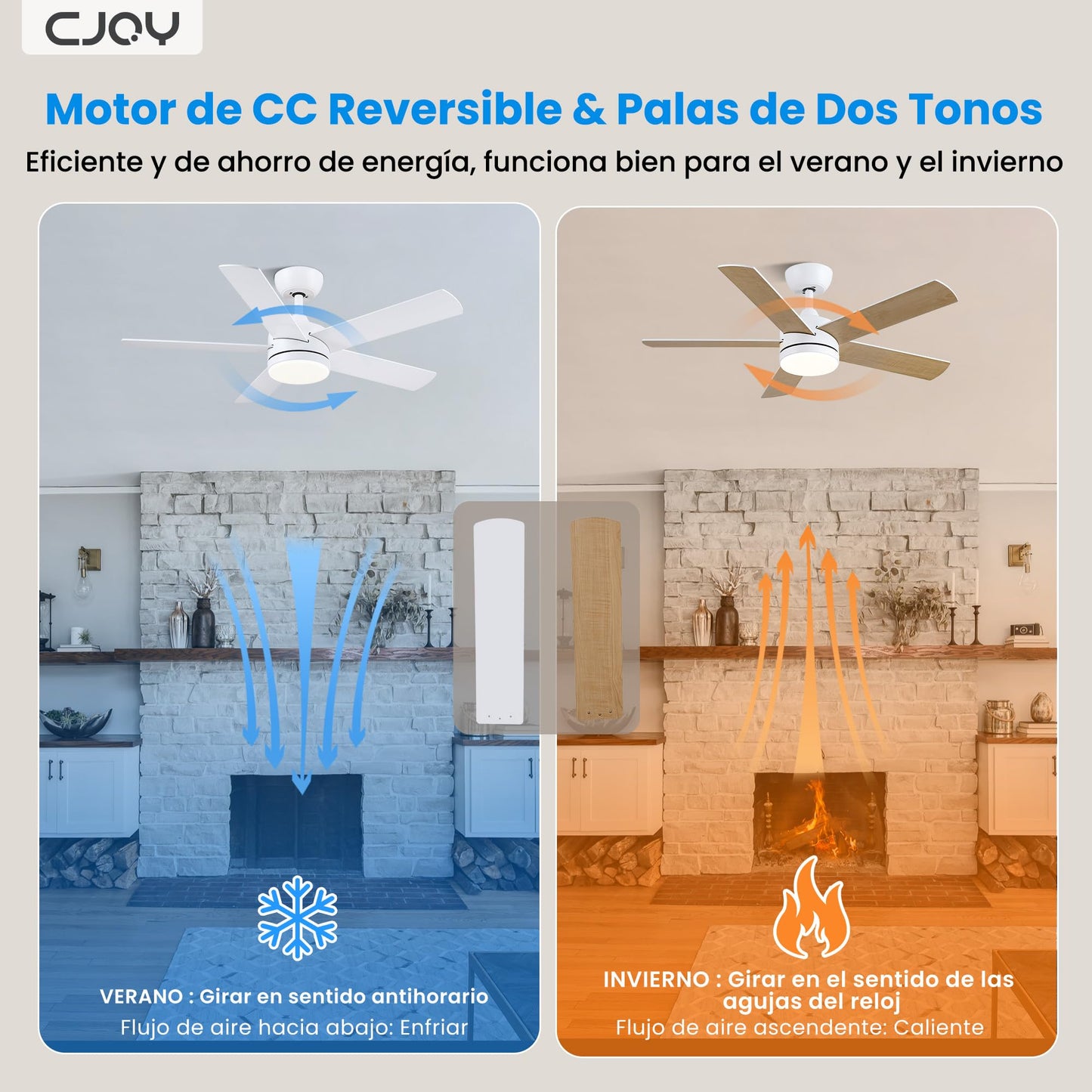 CJOY Ventilador de Techo con Luz, 107cm Ventilador de Techo Silencioso con Mando a Distancia, 6 Velocidades, 3 CCT Regulable, Reversibles CC, Temporizador, Blanco/Madera 5 Aspas, Memoria Función