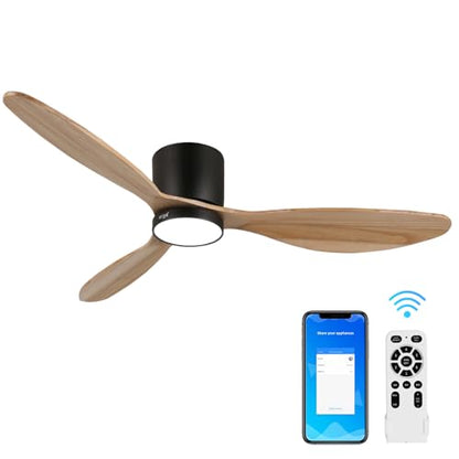 reiga Ventilador de Techo con Luz y Mando a Distancia 132 cm, 3-Aspas Madera Natural, 6 velocidades, Silencioso, Función Verano-Invierno, Temporizador