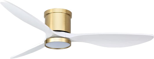 Ovlaim 132cm Smart Ventiladores de Techo de Madera Maciza con Control Remoto de Luces, Ventilador de Techo de 3 Palas Blanco Oro Moderno de Bajo Perfil y Montaje Empotrado