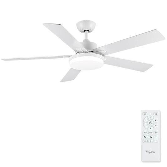 Newday 132cm Ventilador de Techo con Luz y Mando Blanco, Reversibles DC Motor Silencioso, Lámpara Dimmer, 5 Aspas, 3 Temporizadores, Función de Memoria,Patrones de Sueño para Dormitorio