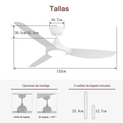 Ovlaim Ventiladores de Techo Inteligentes 132 cm Blancos con Luces y Control Remoto, Motor DC Silencioso de Alto Flujo de Aire, Ventiladores de Techo Modernos de 3 Aspas para Dormitorio