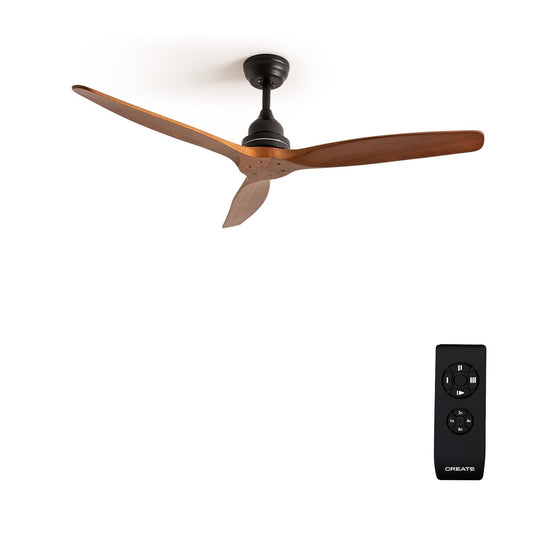 CREATE / WINDWOOD/Ventilador techo negro aspas madera oscura con mando / 75W, Silencioso, Ø132 cm, 3 velocidades, temporizador, 2 alturas