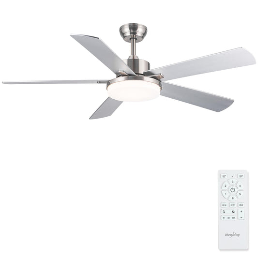 Newday 132cm Ventilador de Techo con Luz y Mando Plata, Ventilador de Techo con Lampara Regulable y 5 Aspas Grande, Motor DC Silencioso, 6 Velocidades, Patrones de Sueño para Dormitorio Terraza Salon