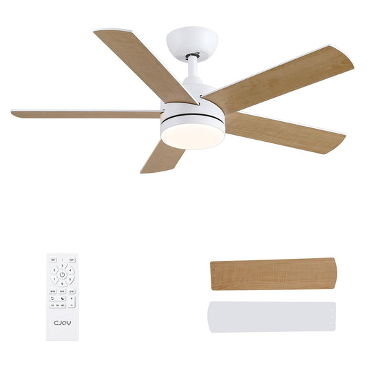 CJOY Ventilador de Techo con Luz, 107cm Ventilador de Techo Silencioso con Mando a Distancia, 6 Velocidades, 3 CCT Regulable, Reversibles CC, Temporizador, Blanco/Madera 5 Aspas, Memoria Función