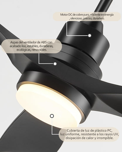 Ventilador de Techo con Luz y Mando a Distancia, Negro Ventiladores de Techo de 132 cm con Lámpara Luz Led con Motor DC, 3 Aspas, 6 Velocidades, Silencioso, Temporizador, para Exterior Dormitorio Saló