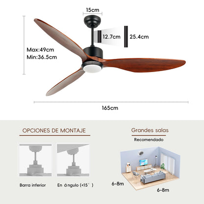 Ovlaim 165 CM de madera de nogal ventilde techo DC con luces de Control remoto, héde 3 palas ventilador de techo inteligente para la tienda de la sala de estar del dormitorio