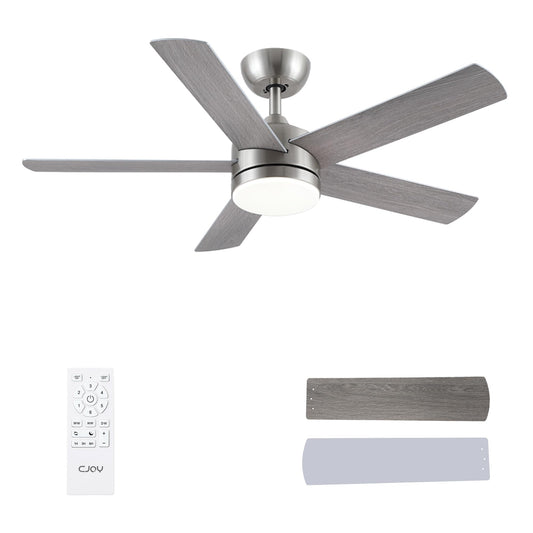 CJOY Ventilador de Techo con Luz, 107cm Ventilador de Techo Silencioso con Mando a Distancia, 6 Velocidades, 3 CCT Regulable, Reversibles CC, Temporizador, Madera/Plata 5 Aspas, Función Memoria
