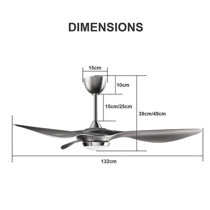 reiga 132cm Ventilatore da soffitto con luce LED dimmerabile Telecomando Lame moderne Motore reversibile silenzioso, 6 velocità, tempo (argento)