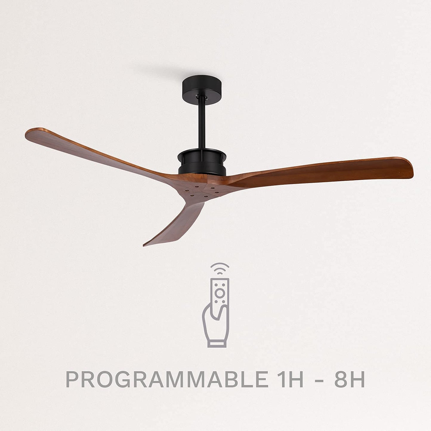 CREATE / WINDLARGE/Ventilador de techo negro aspas madera oscura con mando/XL, función verano-invierno, 6 velocidades, temporizador 1 a 4 h, 2 alturas,aspas blancas, 40W, Ø152 cm