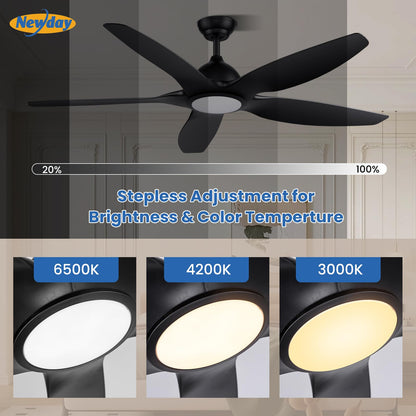 Newday 153cm Ventilador de Techo Negro Con Luz y Mando, 5 Aspas Grande, Motor DC Silencioso, Iluminación Dimmer, 6 Velocidades, 3 Temporizador Para Sala de Estar Salon Dormitorio