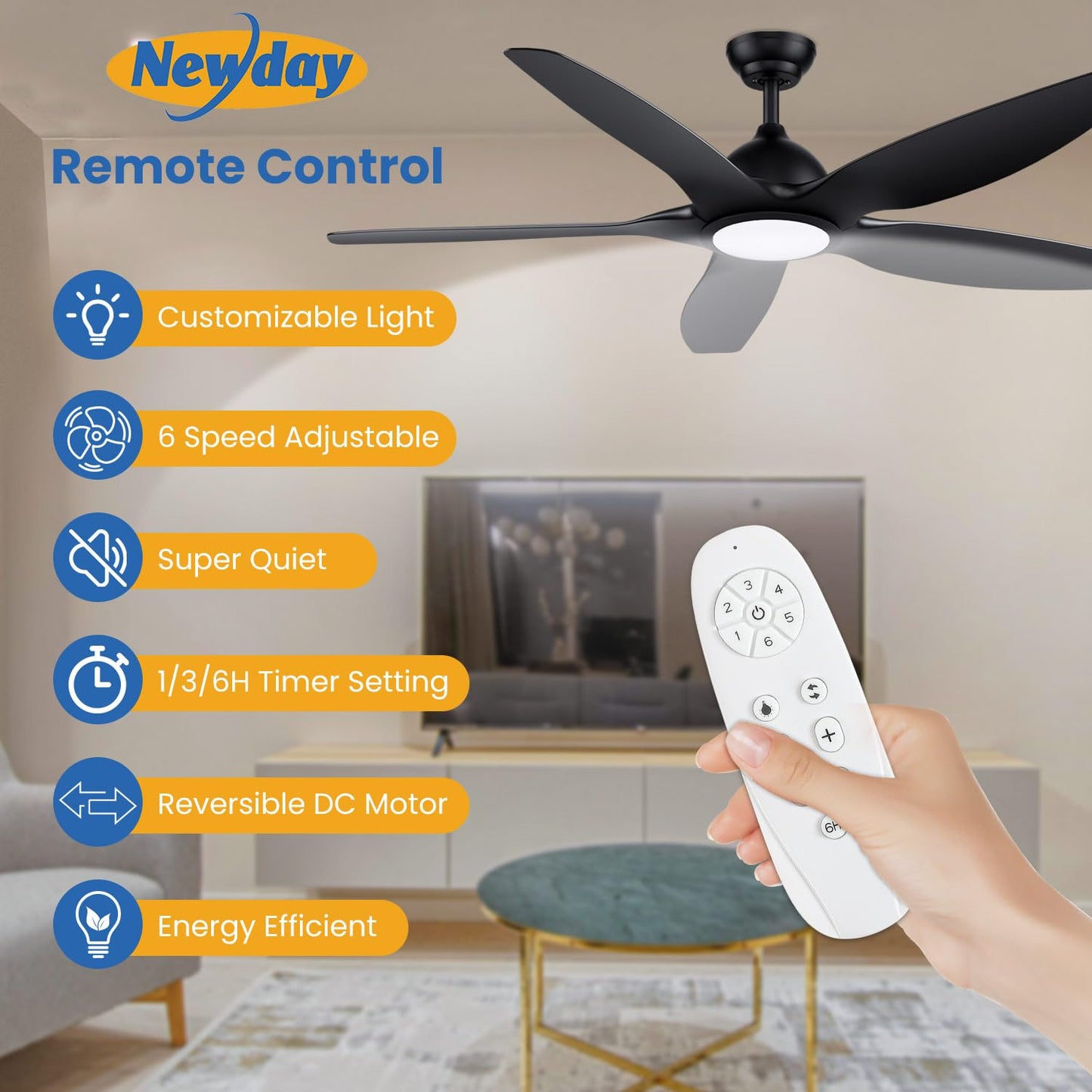 Newday 153cm Ventilador de Techo Negro Con Luz y Mando, 5 Aspas Grande, Motor DC Silencioso, Iluminación Dimmer, 6 Velocidades, 3 Temporizador Para Sala de Estar Salon Dormitorio