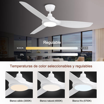 Ovlaim Ventiladores de Techo Inteligentes 132 cm Blancos con Luces y Control Remoto, Motor DC Silencioso de Alto Flujo de Aire, Ventiladores de Techo Modernos de 3 Aspas para Dormitorio