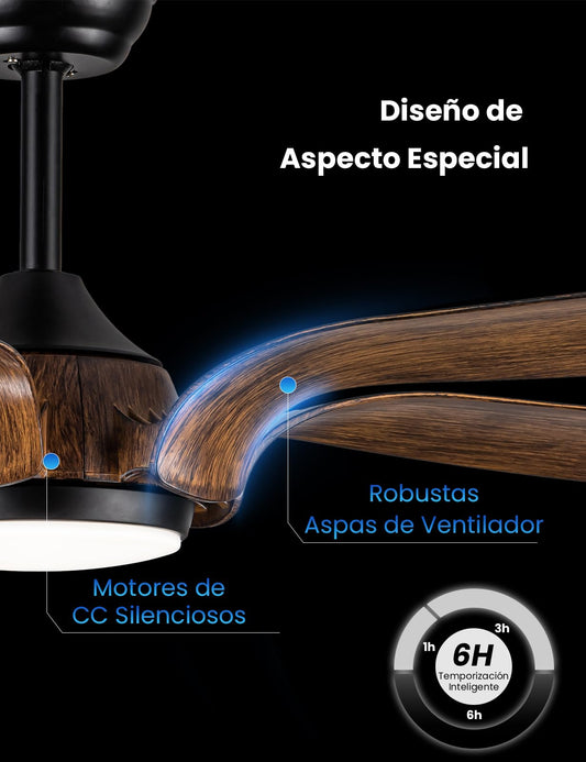 CJOY Ventilador de Techo con Luz y Mando, 142cm Ventilador de Techo con Luz Silenciosa Negro Madera, 6 Velocidades, Memoria 3 CCT Regulable, Regulable CC, Temporizador, Modo de Espera, 5 Aspas