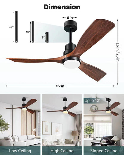 Ventilador de Techo con Luz y Mando a Distancia, Madera Ventiladores de Techo de 132 cm con Lámpara Luz Led con Motor DC, 3 Aspas, 6 Velocidades, Silencioso, Temporizador, para Dormitorio Salón
