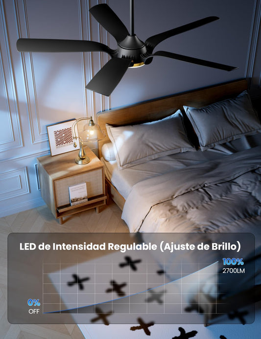 CJOY Ventilador de Techo con Luz y Mando, 142cm Negro Ventilador de Techo con Luz Silenciosa, 6 Velocidades, 3 CCT Regulable, Regulable CC, Temporizador, Modo de Espera, Memoria Función, 5 Aspas
