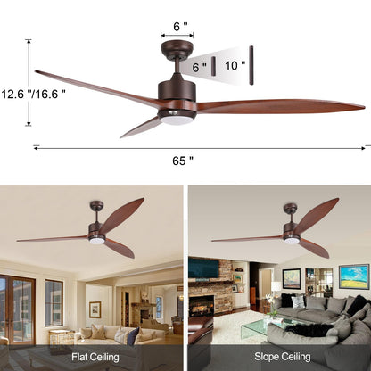 reiga Ventilador de techo exterior de madera maciza de 165 cm con motor CC, kit de iluminación LED regulable, compatible con Alexa, Google Home, aplicación y mando a distancia, 6 velocidades, IP44
