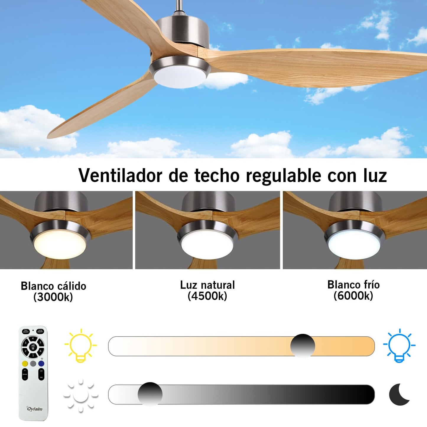 Ovlaim 165 CM Ventilador de techo inteligente de madera maciza de 3 aspas con luz y mando a distancia, motor DC silencioso de 6 velocidades para sala de estar del dormitorio
