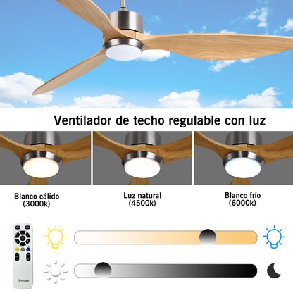 Ovlaim 165 CM Ventilador de techo inteligente de madera maciza de 3 aspas con luz y mando a distancia, motor DC silencioso de 6 velocidades para sala de estar del dormitorio