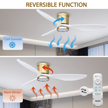 Ovlaim 132cm Smart Ventiladores de Techo de Madera Maciza con Control Remoto de Luces, Ventilador de Techo de 3 Palas Blanco Oro Moderno de Bajo Perfil y Montaje Empotrado