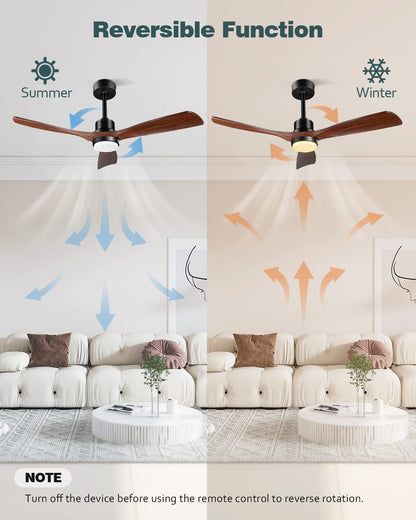 Ventilador de Techo con Luz y Mando a Distancia, Madera Ventiladores de Techo de 132 cm con Lámpara Luz Led con Motor DC, 3 Aspas, 6 Velocidades, Silencioso, Temporizador, para Dormitorio Salón