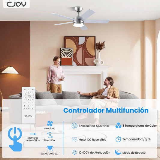 CJOY Ventilador de Techo con Luz, 107cm Ventilador de Techo Silencioso con Mando a Distancia, 6 Velocidades, 3 CCT Regulable, Reversibles CC, Temporizador, Madera/Plata 5 Aspas, Función Memoria