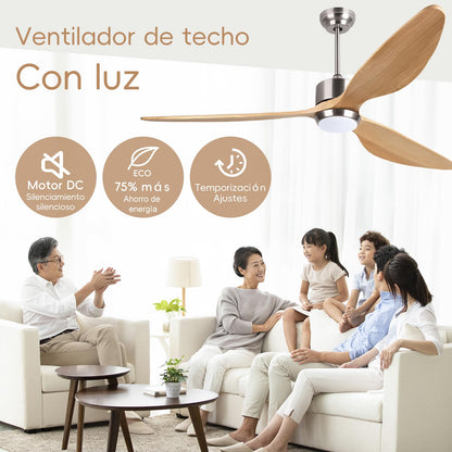 Ovlaim 165 CM Ventilador de techo inteligente de madera maciza de 3 aspas con luz y mando a distancia, motor DC silencioso de 6 velocidades para sala de estar del dormitorio