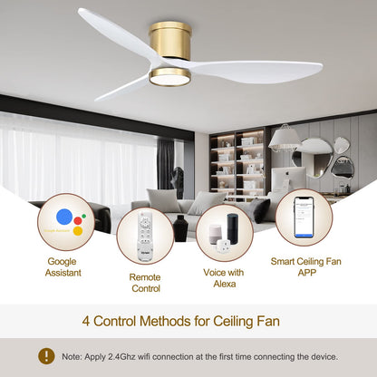 Ovlaim 132cm Smart Ventiladores de Techo de Madera Maciza con Control Remoto de Luces, Ventilador de Techo de 3 Palas Blanco Oro Moderno de Bajo Perfil y Montaje Empotrado