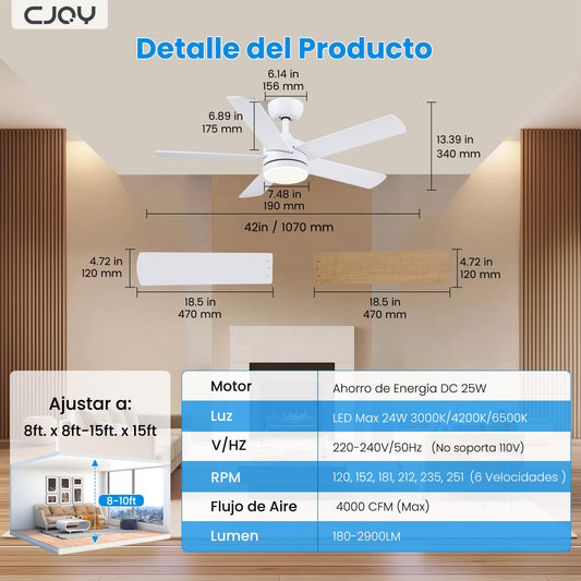 CJOY Ventilador de Techo con Luz, 107cm Ventilador de Techo Silencioso con Mando a Distancia, 6 Velocidades, 3 CCT Regulable, Reversibles CC, Temporizador, Blanco/Madera 5 Aspas, Memoria Función